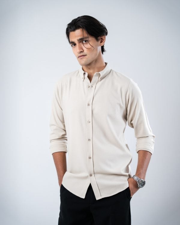 Men’s Long Sleeve Button-Down Herringbone Patterned Shirt in Light Cream - Image 5