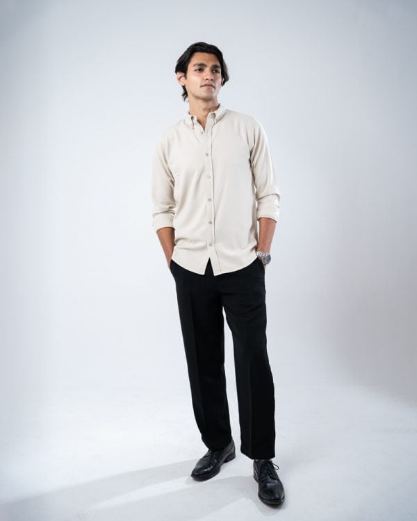 Men’s Long Sleeve Button-Down Herringbone Patterned Shirt in Light Cream - Image 6