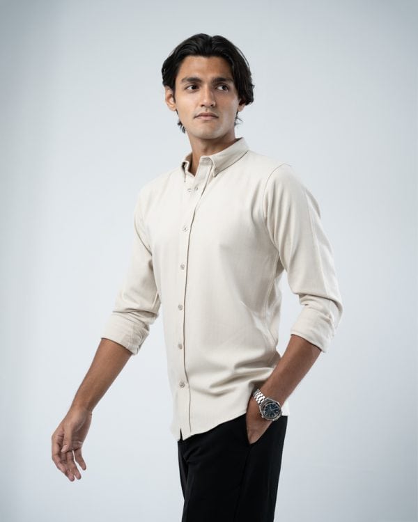 Men’s Long Sleeve Button-Down Herringbone Patterned Shirt in Light Cream - Image 8