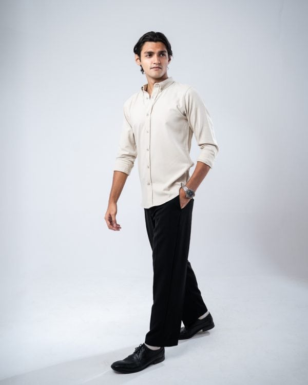 Men’s Long Sleeve Button-Down Herringbone Patterned Shirt in Light Cream - Image 10