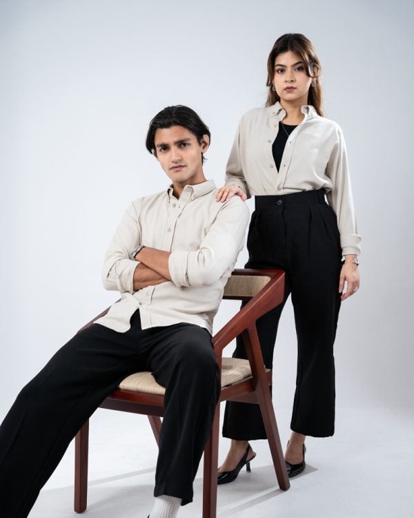 Men’s Long Sleeve Button-Down Herringbone Patterned Shirt in Light Cream - Image 7