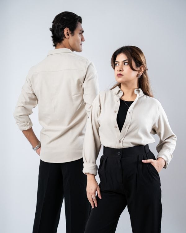 Men’s Long Sleeve Button-Down Herringbone Patterned Shirt in Light Cream - Image 11