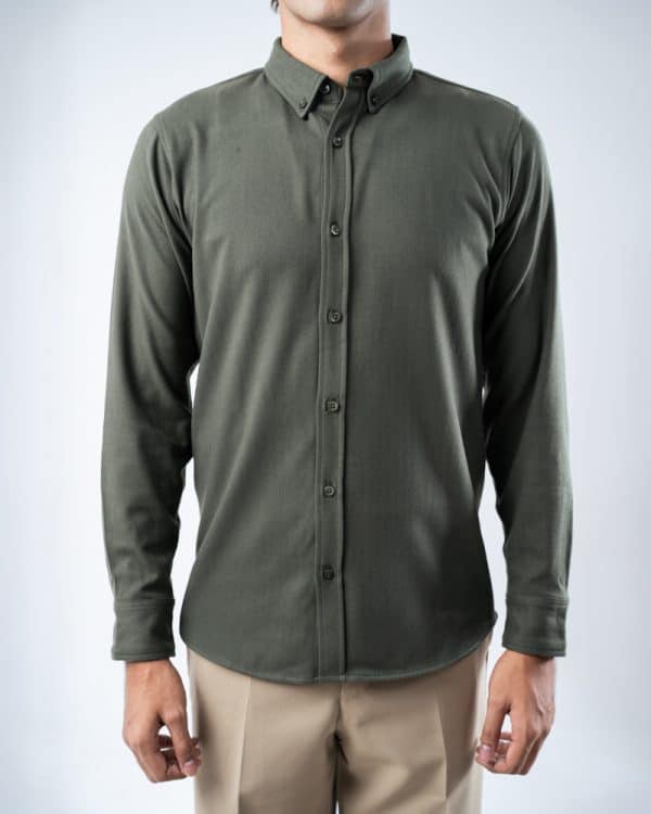 Men’s Long Sleeve Button-Down Herringbone Patterned Shirt in Hunter Green - Image 4