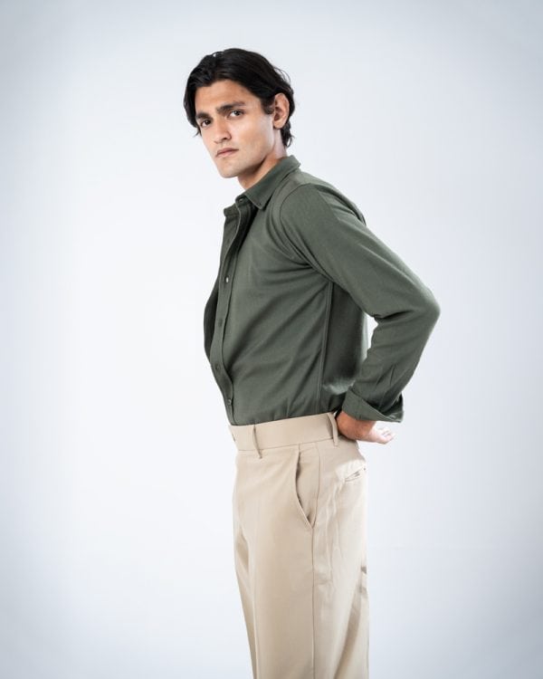 Men’s Long Sleeve Button-Down Herringbone Patterned Shirt in Hunter Green - Image 8