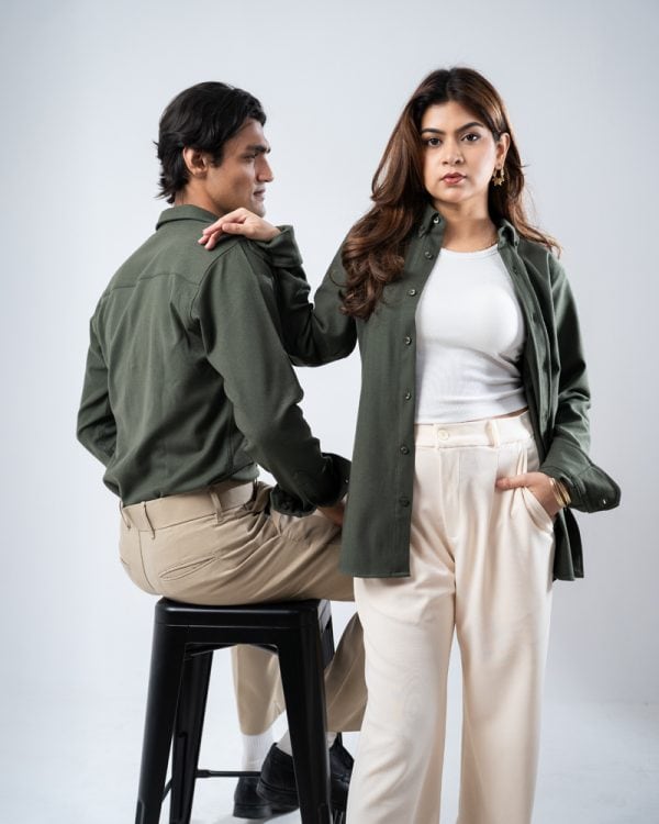 Men’s Long Sleeve Button-Down Herringbone Patterned Shirt in Hunter Green - Image 9