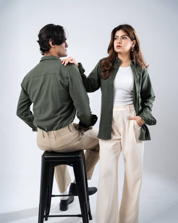 Men’s Long Sleeve Button-Down Herringbone Patterned Shirt in Hunter Green - Image 11