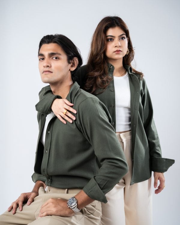 Men’s Long Sleeve Button-Down Herringbone Patterned Shirt in Hunter Green - Image 7