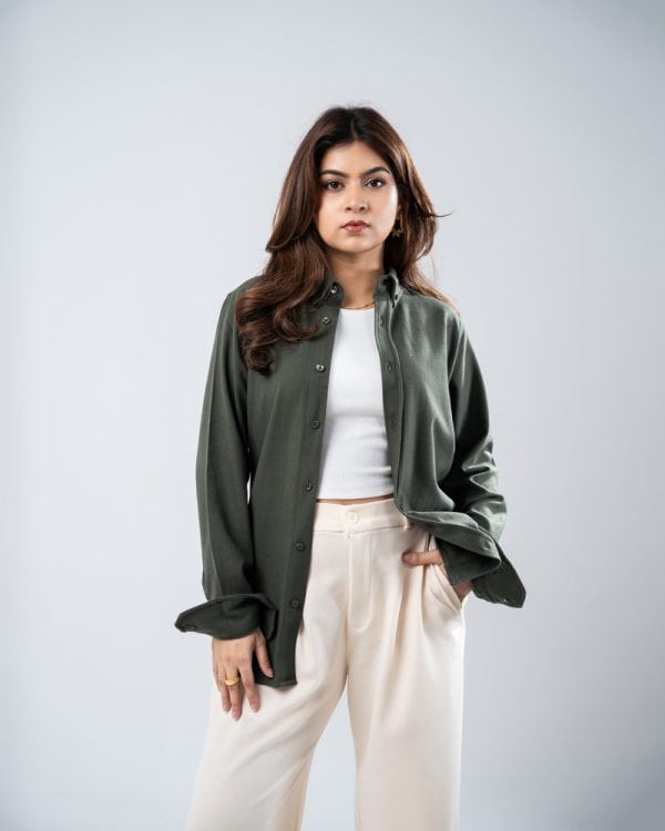 Women’s Long Sleeve Button-Down Herringbone Patterned Shirt in Hunter Green - Image 6