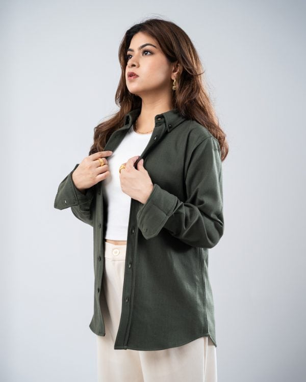 Women’s Long Sleeve Button-Down Herringbone Patterned Shirt in Hunter Green - Image 3