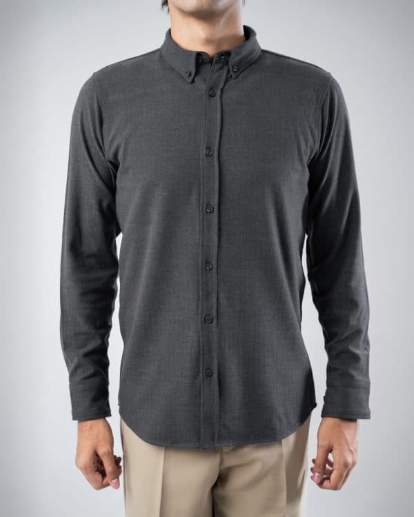 Men’s Long Sleeve Button-Down Herringbone Patterned Shirt in Iron Grey - Image 4