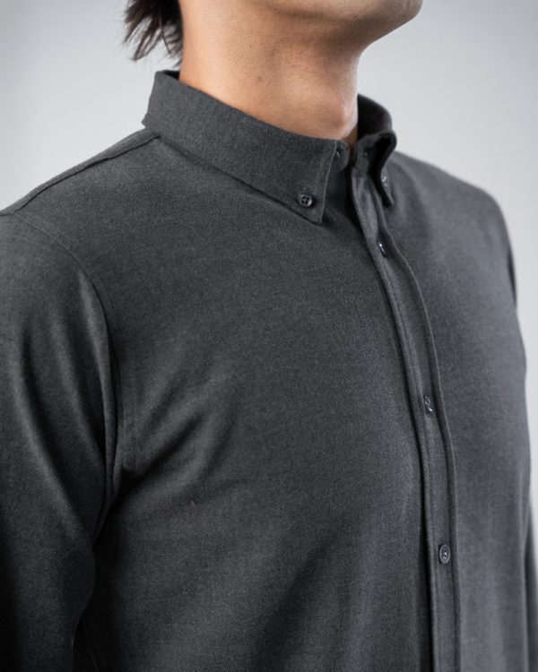 Men’s Long Sleeve Button-Down Herringbone Patterned Shirt in Iron Grey - Image 5