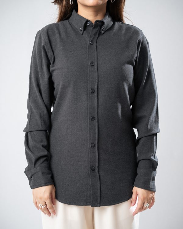Women’s Long Sleeve Button-Down Herringbone Patterned Shirt in Iron Grey - Image 3