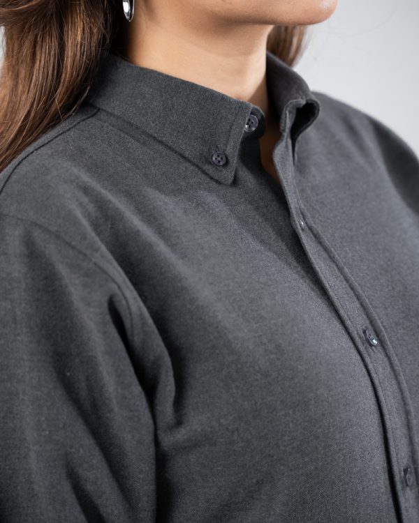 Women’s Long Sleeve Button-Down Herringbone Patterned Shirt in Iron Grey - Image 4