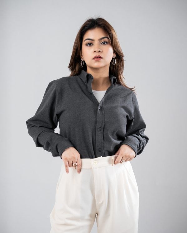 Women’s Long Sleeve Button-Down Herringbone Patterned Shirt in Iron Grey - Image 5