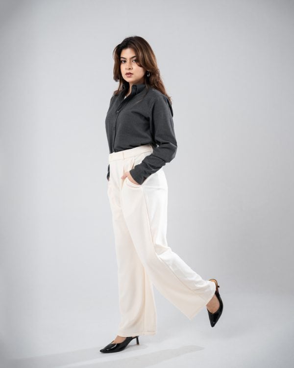 Women’s Long Sleeve Button-Down Herringbone Patterned Shirt in Iron Grey - Image 9
