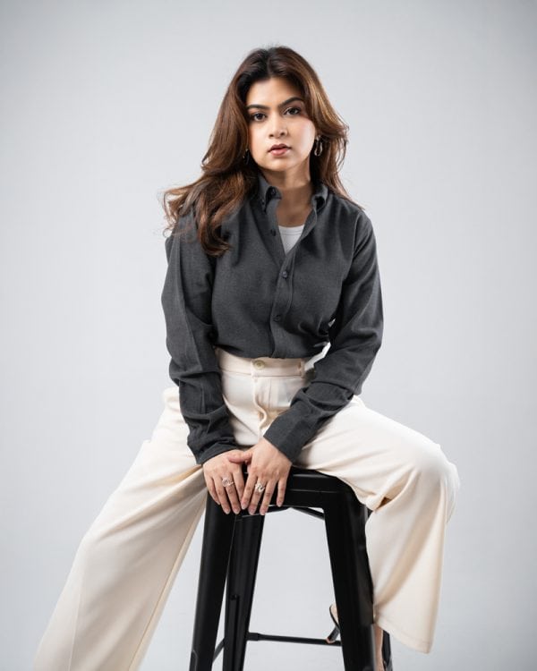 Women’s Long Sleeve Button-Down Herringbone Patterned Shirt in Iron Grey - Image 11