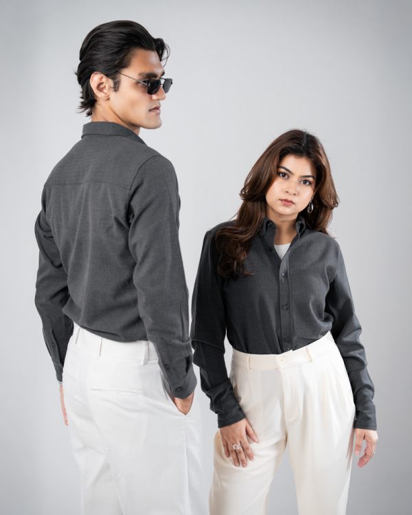 Men’s Long Sleeve Button-Down Herringbone Patterned Shirt in Iron Grey - Image 10