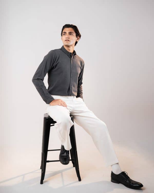 Men’s Long Sleeve Button-Down Herringbone Patterned Shirt in Iron Grey - Image 3