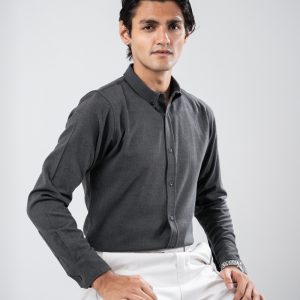 Men’s Long Sleeve Button-Down Herringbone Patterned Shirt in Iron Grey