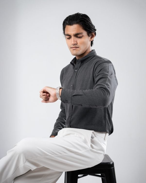 Men’s Long Sleeve Button-Down Herringbone Patterned Shirt in Iron Grey - Image 6