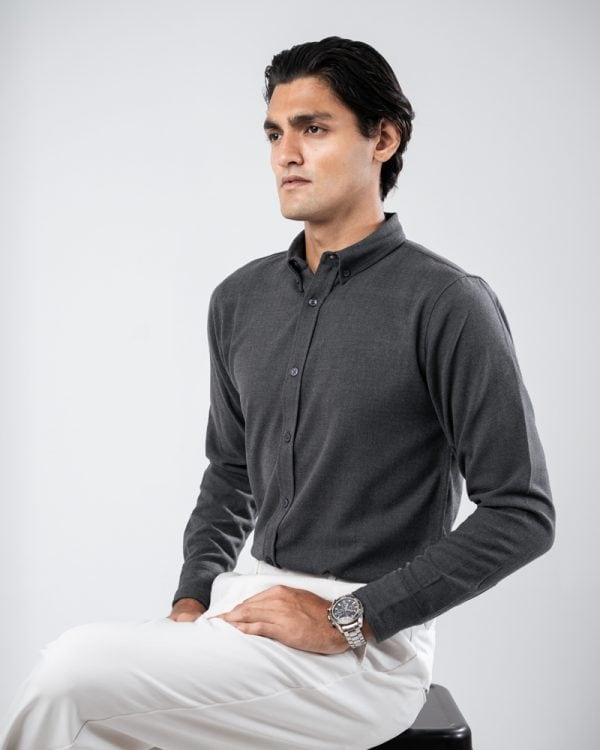 Men’s Long Sleeve Button-Down Herringbone Patterned Shirt in Iron Grey - Image 11