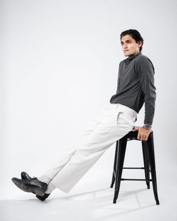 Men’s Long Sleeve Button-Down Herringbone Patterned Shirt in Iron Grey - Image 9