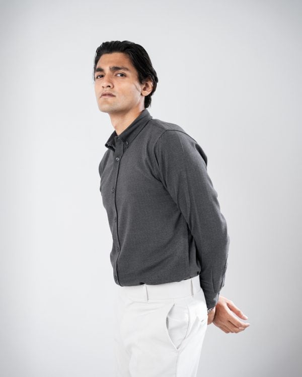 Men’s Long Sleeve Button-Down Herringbone Patterned Shirt in Iron Grey - Image 8