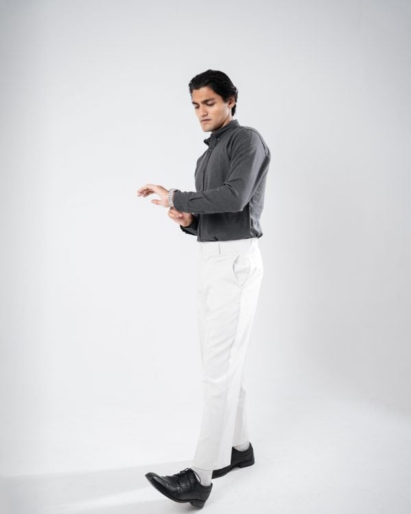 Men’s Long Sleeve Button-Down Herringbone Patterned Shirt in Iron Grey - Image 12