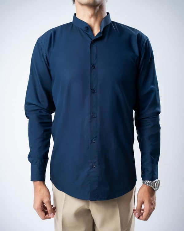 Men’s Full Sleeve Band Collar Shirt in Navy Blue - Image 2