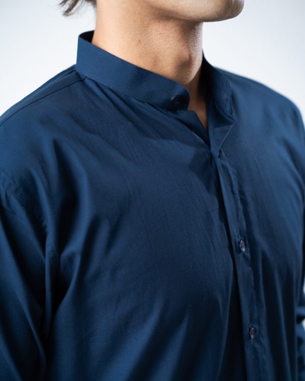 Men’s Full Sleeve Band Collar Shirt in Navy Blue - Image 3