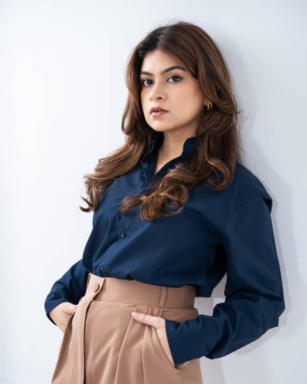 Women’s Full Sleeve Band Collar Shirt in Navy Blue