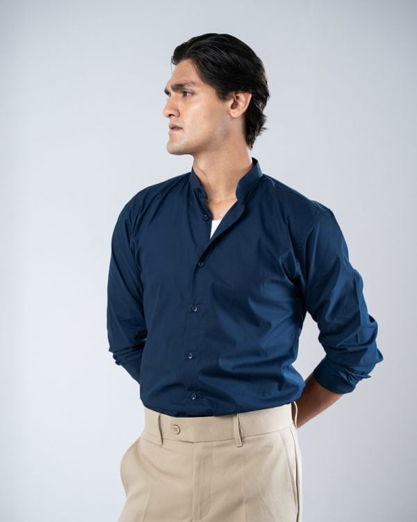 Men’s Full Sleeve Band Collar Shirt in Navy Blue - Image 7