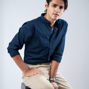Men’s Full Sleeve Band Collar Shirt in Navy Blue