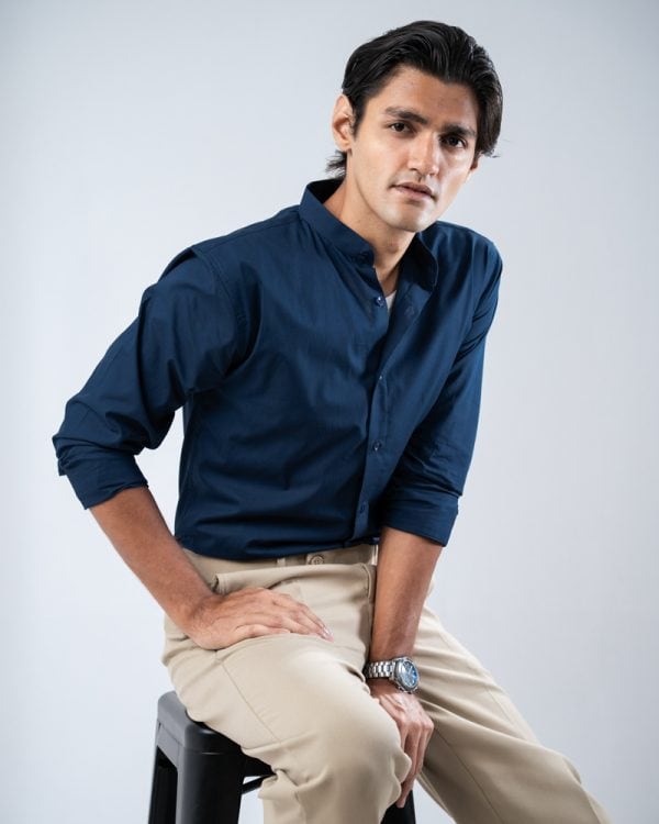 Men’s Full Sleeve Band Collar Shirt in Navy Blue