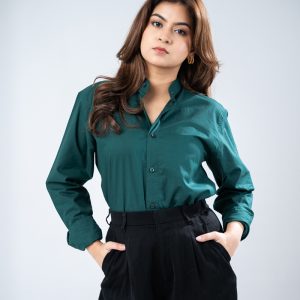 Women’s Full Sleeve Band Collar Shirt in Bottle Green