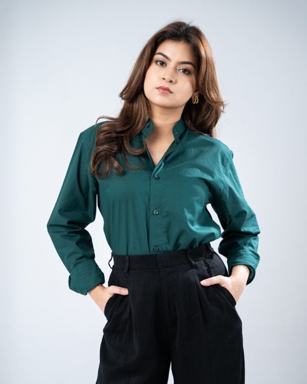 Women’s Full Sleeve Band Collar Shirt in Bottle Green