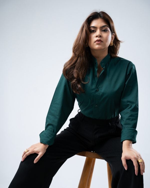 Women’s Full Sleeve Band Collar Shirt in Bottle Green - Image 9