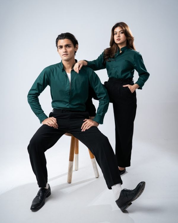 Men’s Full Sleeve Band Collar Shirt in Bottle Green - Image 6