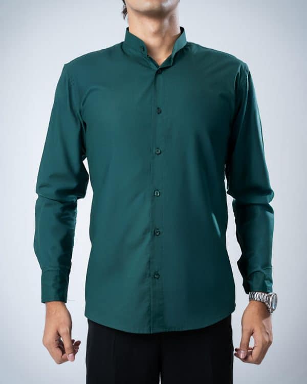 Men’s Full Sleeve Band Collar Shirt in Bottle Green - Image 3