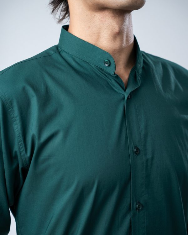 Men’s Full Sleeve Band Collar Shirt in Bottle Green - Image 4