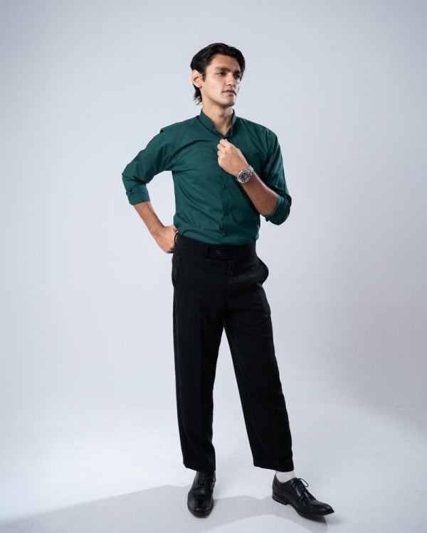 Men’s Full Sleeve Band Collar Shirt in Bottle Green - Image 2