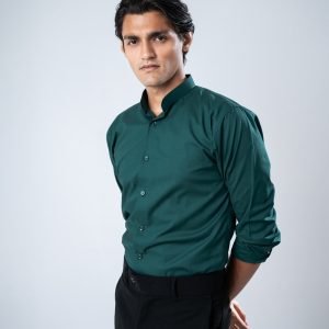 Men’s Full Sleeve Band Collar Shirt in Bottle Green