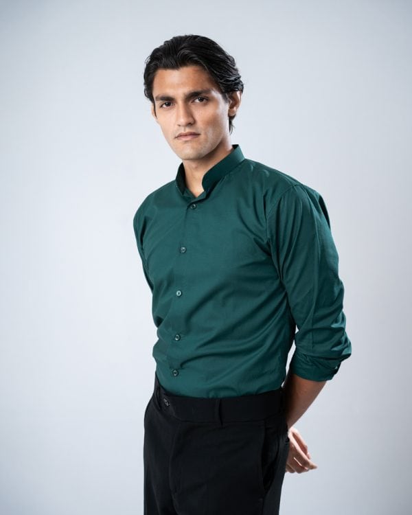 Men’s Full Sleeve Band Collar Shirt in Bottle Green
