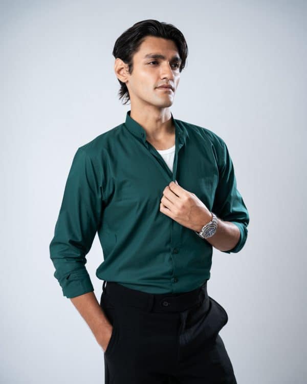 Men’s Full Sleeve Band Collar Shirt in Bottle Green - Image 5