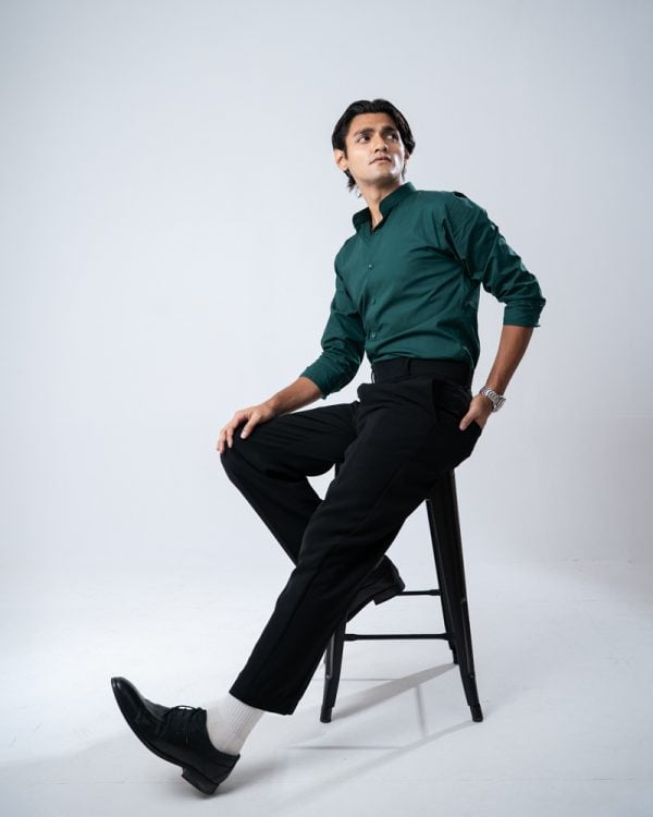 Men’s Full Sleeve Band Collar Shirt in Bottle Green - Image 8