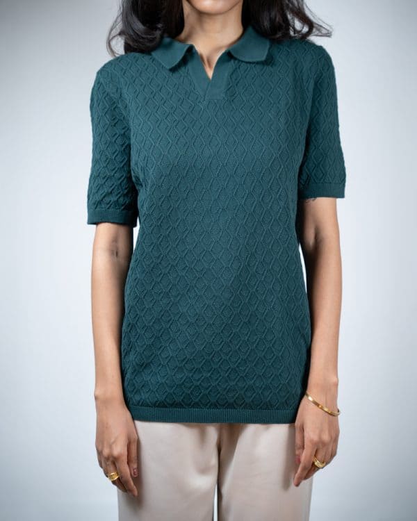 Women's Rhombus Patterned Knit Polo in Bottle Green - Image 3
