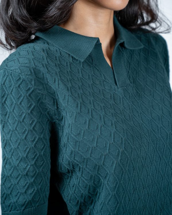 Women's Rhombus Patterned Knit Polo in Bottle Green - Image 2