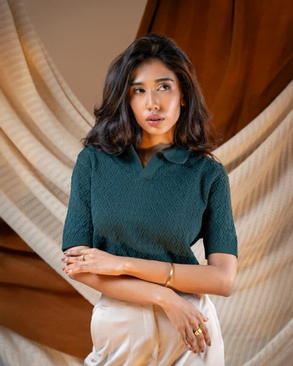 Women's Rhombus Patterned Knit Polo in Bottle Green - Image 7