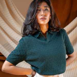 Women's Rhombus Patterned Knit Polo in Bottle Green