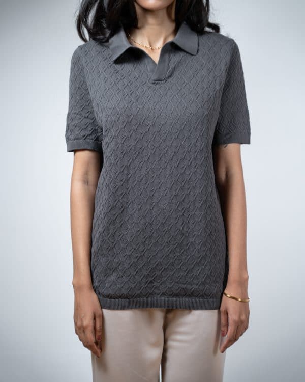 Women's Rhombus Patterned Knit Polo in Grey - Image 3